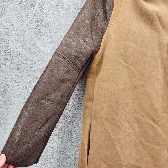 BCBGMAXAZRIA Womens Size Large Long Camel Coat With Brown Faux Leather Sleeves - Picture 8 of 13